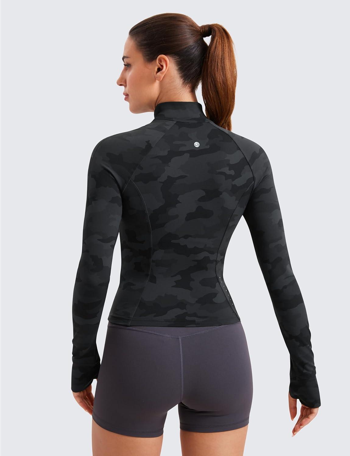 imageCRZ YOGA Butterluxe Waist Length Jackets for Women Full Zip Athletic Track Tops with Thumb Holes PocketsDark Grey Camouflage 2