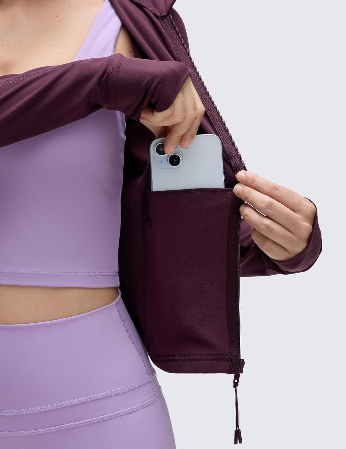 imageCRZ YOGA Butterluxe Waist Length Jackets for Women Full Zip Athletic Track Tops with Thumb Holes PocketsDeep Purple