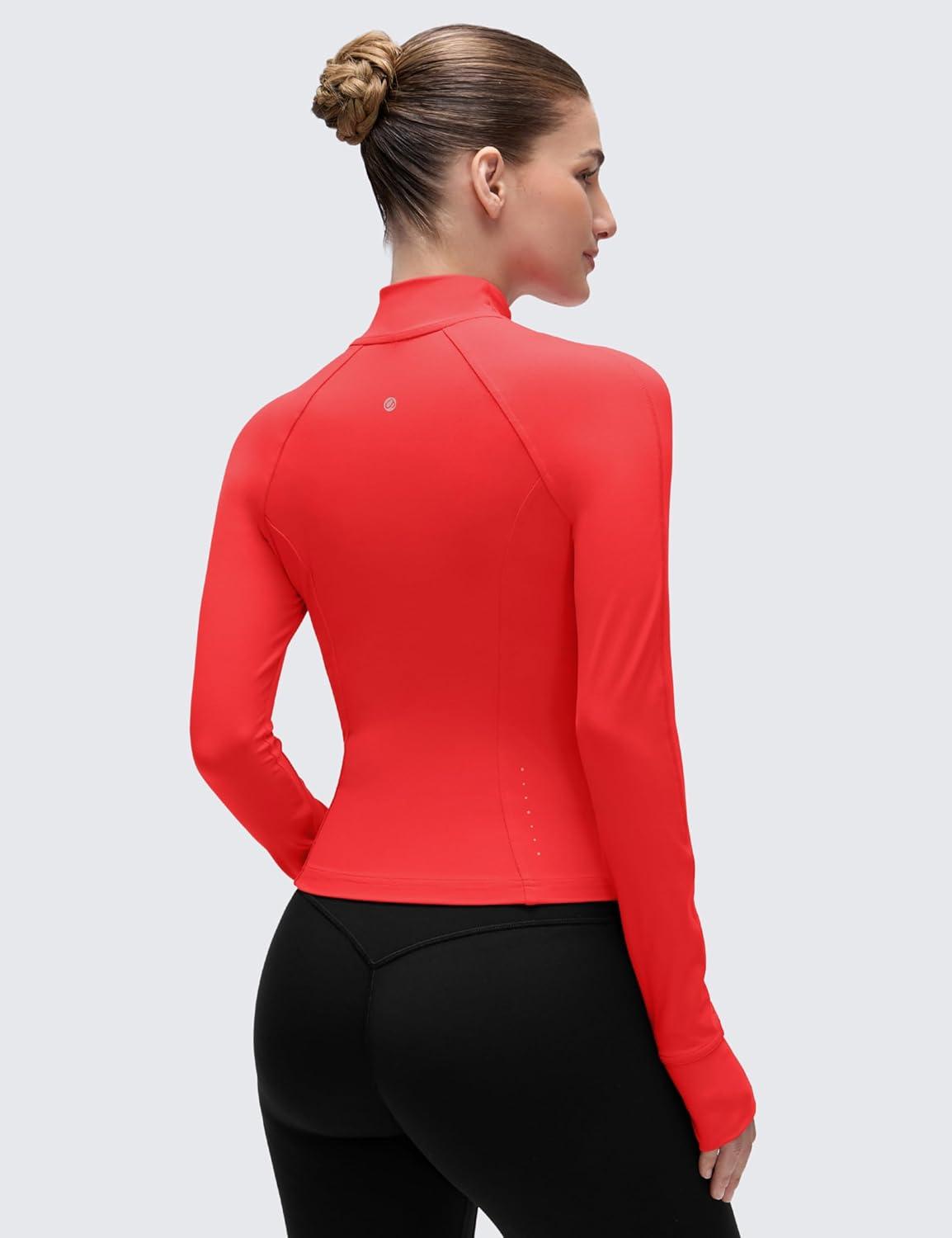 imageCRZ YOGA Butterluxe Waist Length Jackets for Women Full Zip Athletic Track Tops with Thumb Holes PocketsDeep Red