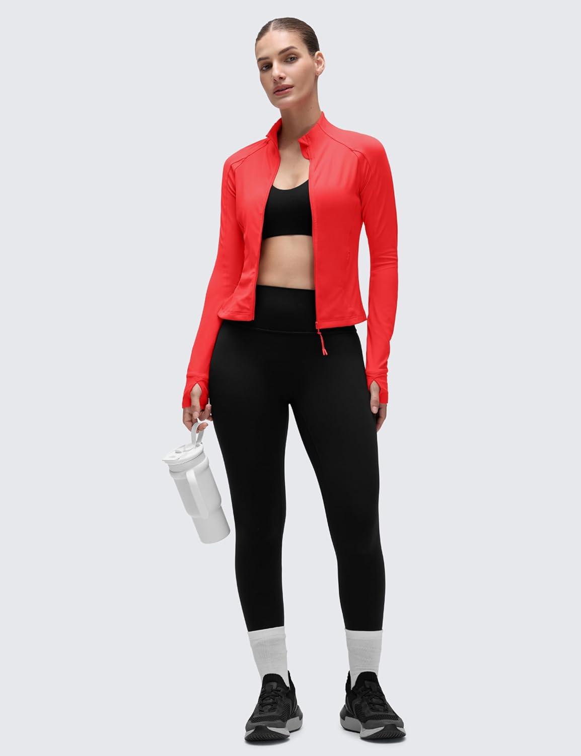 imageCRZ YOGA Butterluxe Waist Length Jackets for Women Full Zip Athletic Track Tops with Thumb Holes PocketsDeep Red