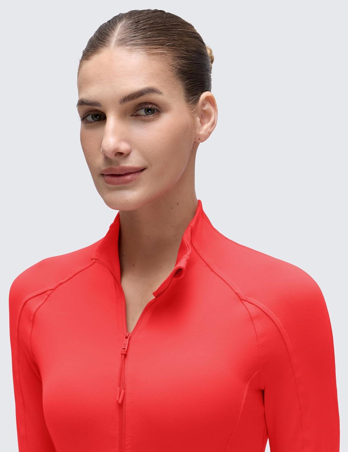 imageCRZ YOGA Butterluxe Waist Length Jackets for Women Full Zip Athletic Track Tops with Thumb Holes PocketsDeep Red