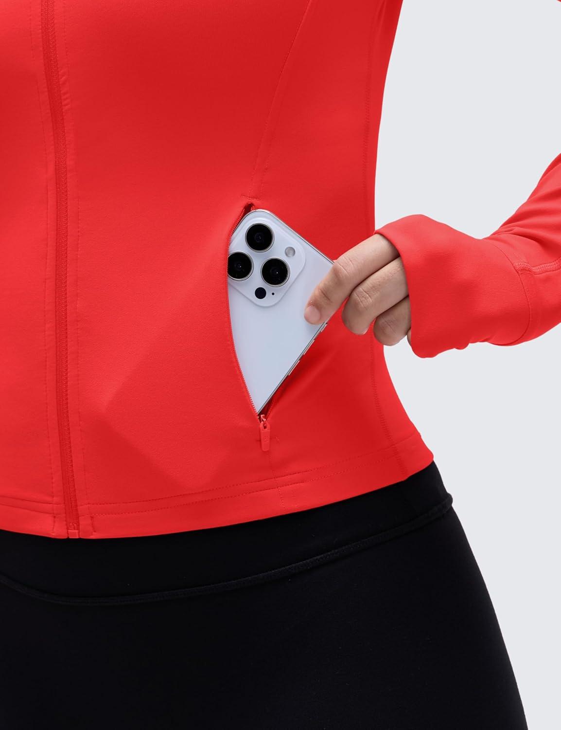 imageCRZ YOGA Butterluxe Waist Length Jackets for Women Full Zip Athletic Track Tops with Thumb Holes PocketsDeep Red