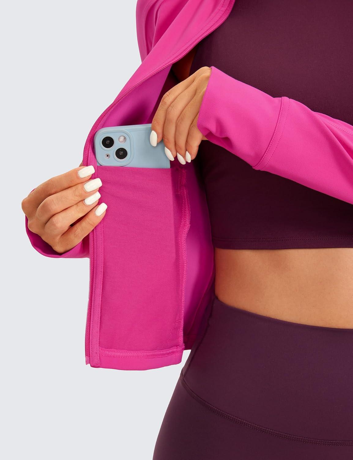 imageCRZ YOGA Butterluxe Waist Length Jackets for Women Full Zip Athletic Track Tops with Thumb Holes PocketsHibiscus Purple
