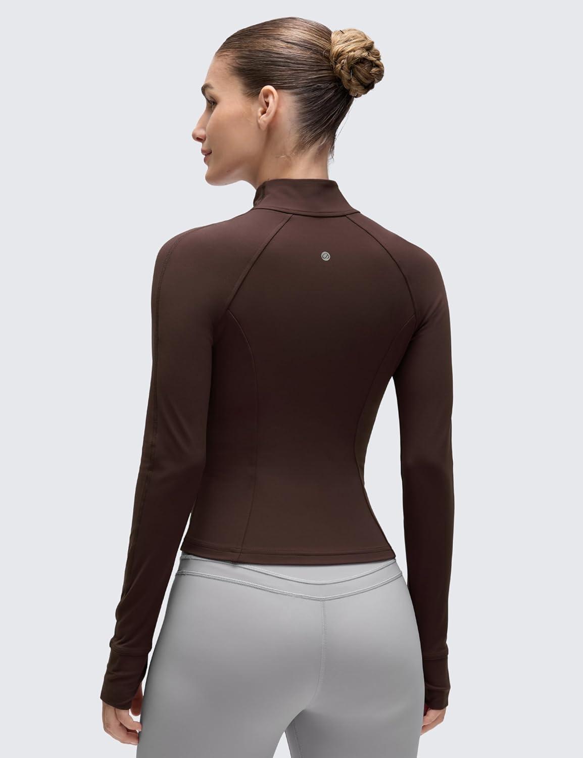 imageCRZ YOGA Butterluxe Waist Length Jackets for Women Full Zip Athletic Track Tops with Thumb Holes PocketsHot Fudge Brown