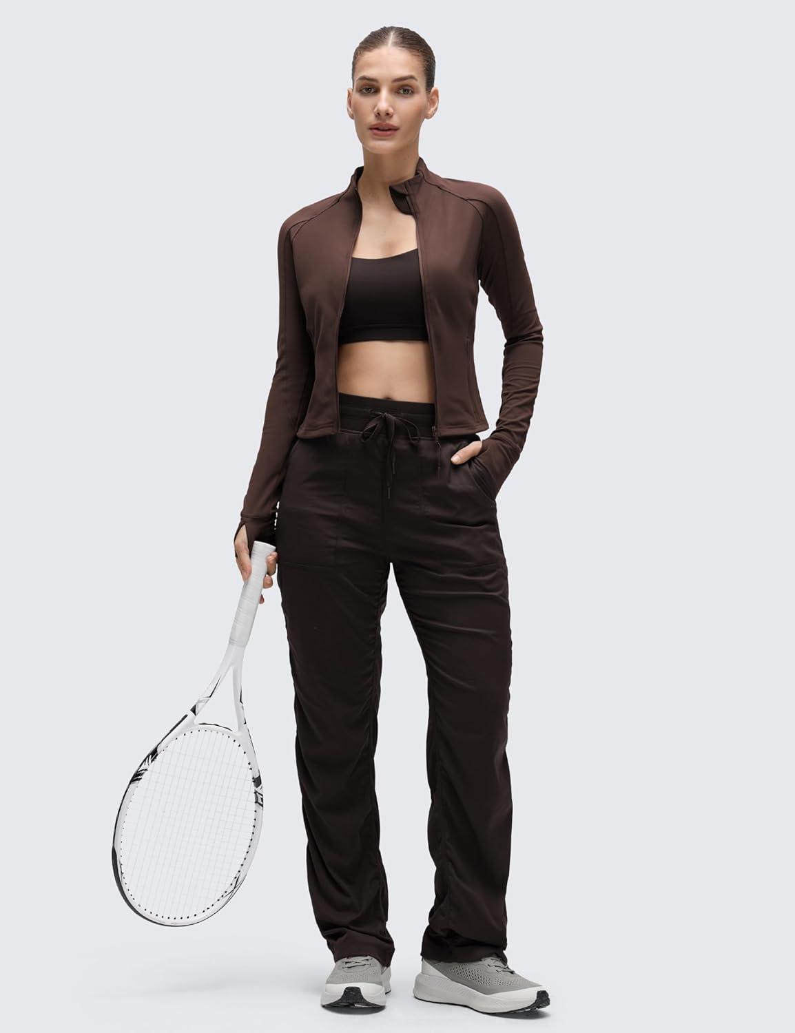 imageCRZ YOGA Butterluxe Waist Length Jackets for Women Full Zip Athletic Track Tops with Thumb Holes PocketsHot Fudge Brown