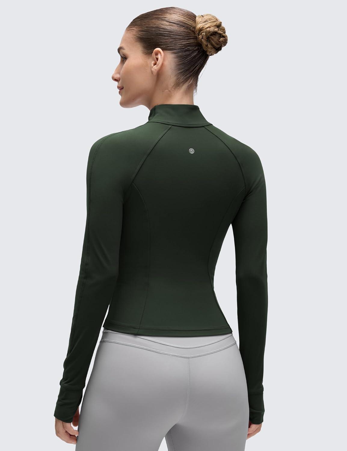 imageCRZ YOGA Butterluxe Waist Length Jackets for Women Full Zip Athletic Track Tops with Thumb Holes PocketsLegend Green