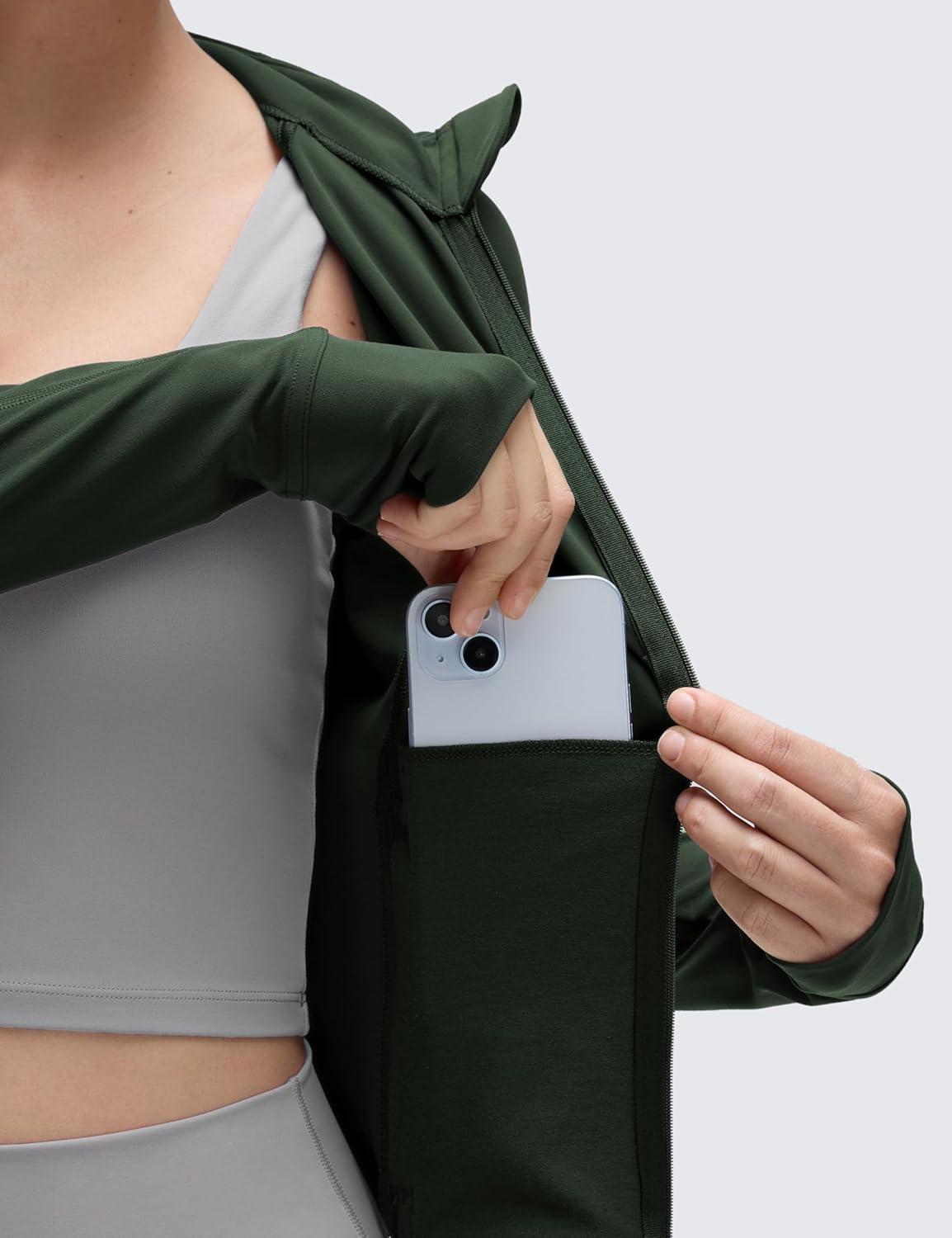 imageCRZ YOGA Butterluxe Waist Length Jackets for Women Full Zip Athletic Track Tops with Thumb Holes PocketsLegend Green