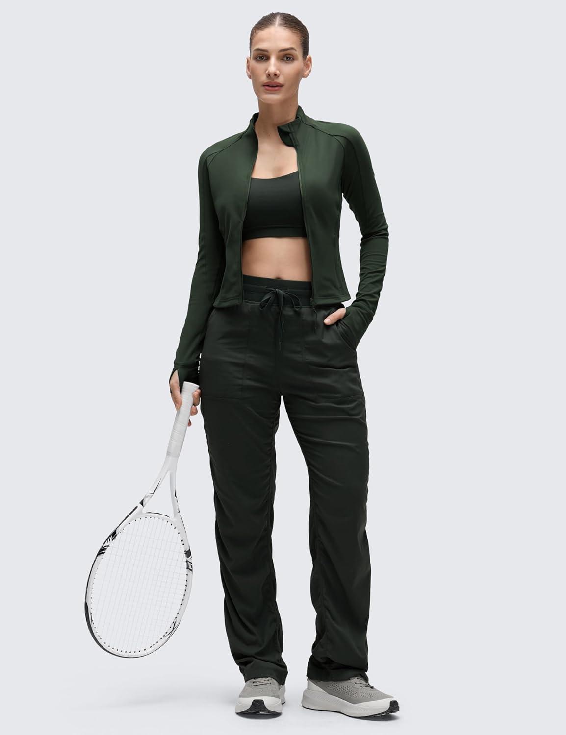 imageCRZ YOGA Butterluxe Waist Length Jackets for Women Full Zip Athletic Track Tops with Thumb Holes PocketsLegend Green