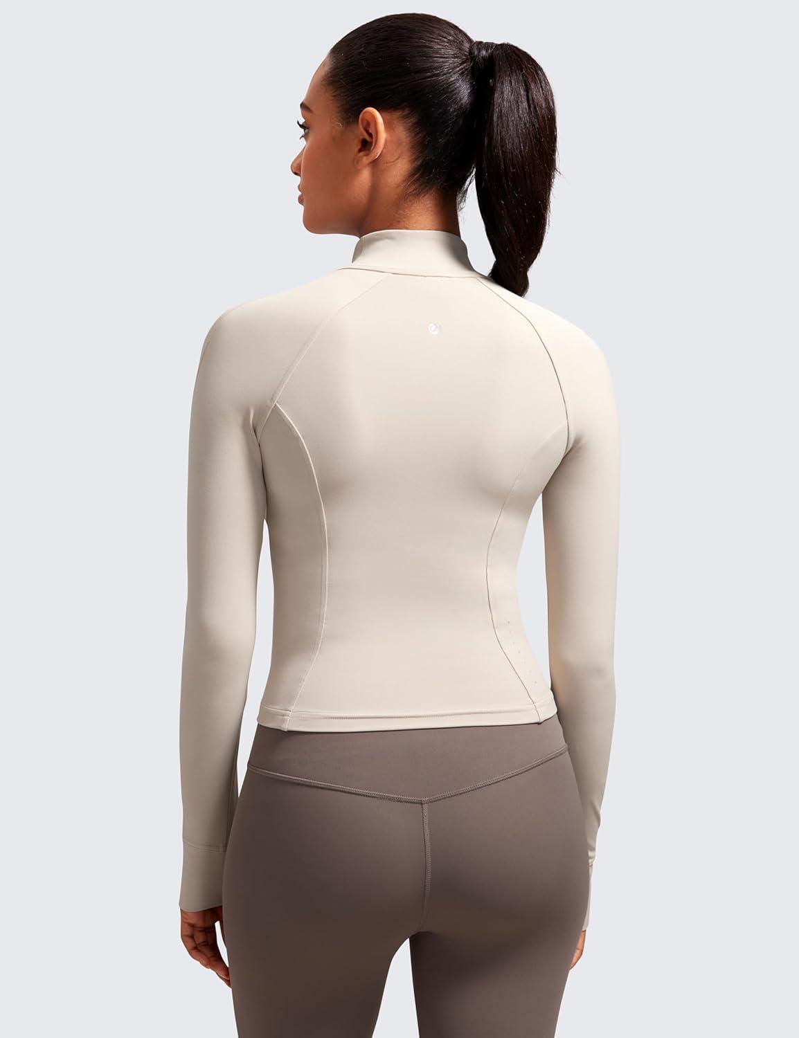 imageCRZ YOGA Butterluxe Waist Length Jackets for Women Full Zip Athletic Track Tops with Thumb Holes PocketsMojave Tan