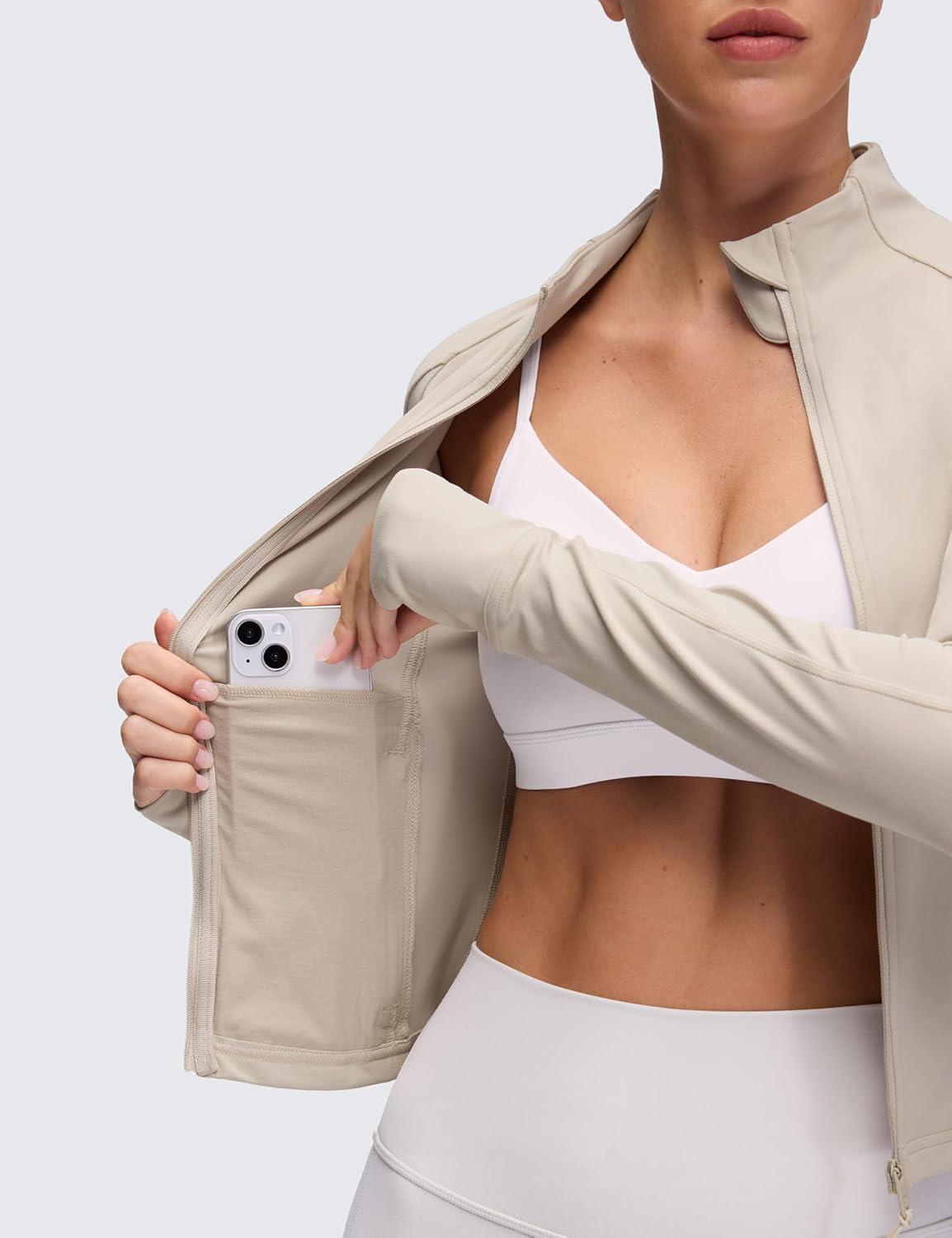 imageCRZ YOGA Butterluxe Waist Length Jackets for Women Full Zip Athletic Track Tops with Thumb Holes PocketsMojave Tan
