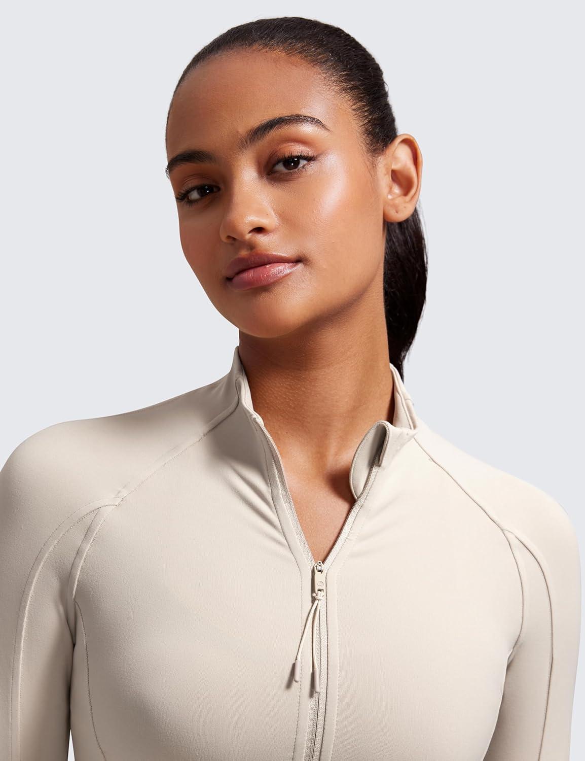 imageCRZ YOGA Butterluxe Waist Length Jackets for Women Full Zip Athletic Track Tops with Thumb Holes PocketsMojave Tan