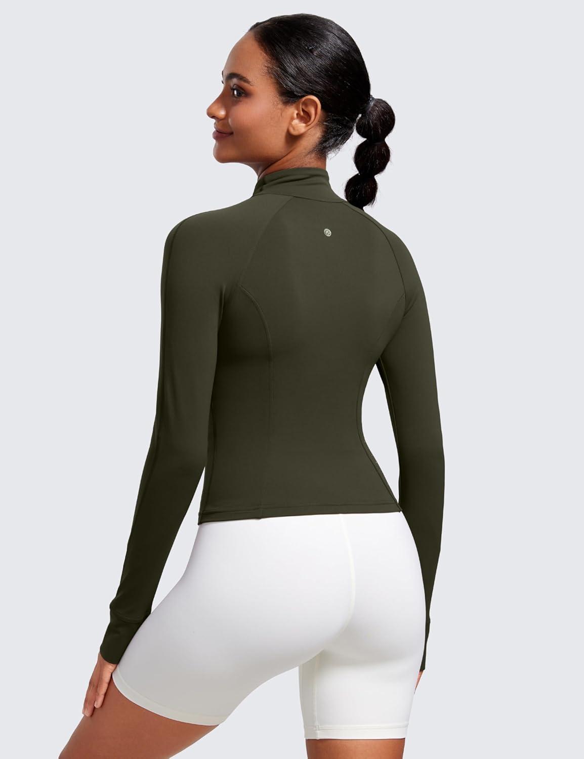 imageCRZ YOGA Butterluxe Waist Length Jackets for Women Full Zip Athletic Track Tops with Thumb Holes PocketsOlive Green