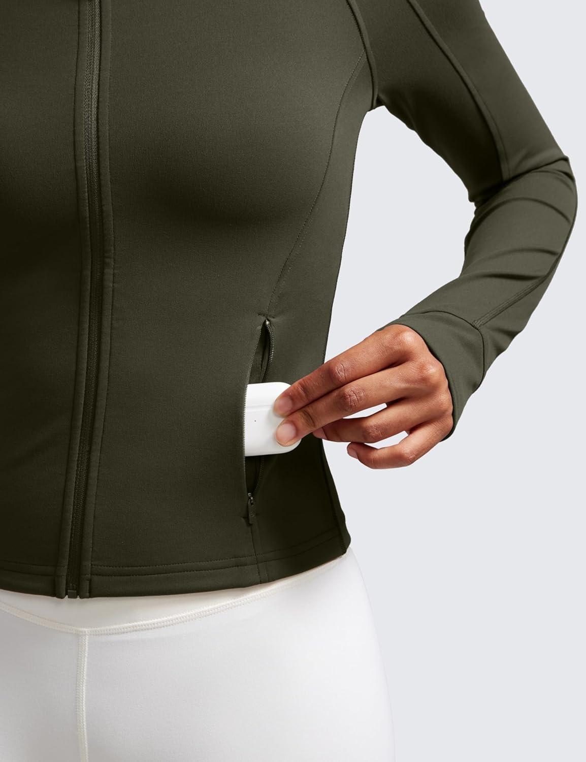 imageCRZ YOGA Butterluxe Waist Length Jackets for Women Full Zip Athletic Track Tops with Thumb Holes PocketsOlive Green