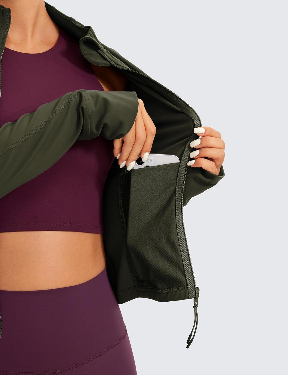 imageCRZ YOGA Butterluxe Waist Length Jackets for Women Full Zip Athletic Track Tops with Thumb Holes PocketsOlive Green