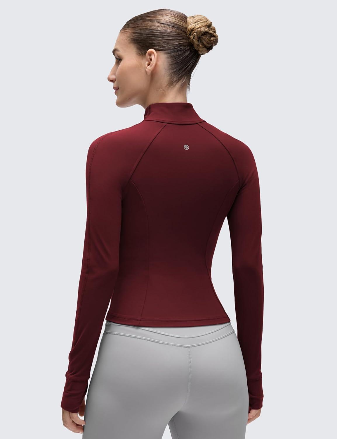 imageCRZ YOGA Butterluxe Waist Length Jackets for Women Full Zip Athletic Track Tops with Thumb Holes PocketsRed Merlot