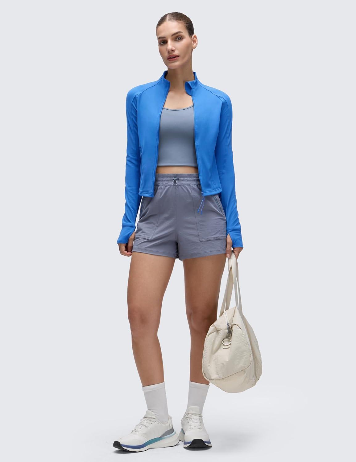 imageCRZ YOGA Butterluxe Waist Length Jackets for Women Full Zip Athletic Track Tops with Thumb Holes PocketsSparkle Blue