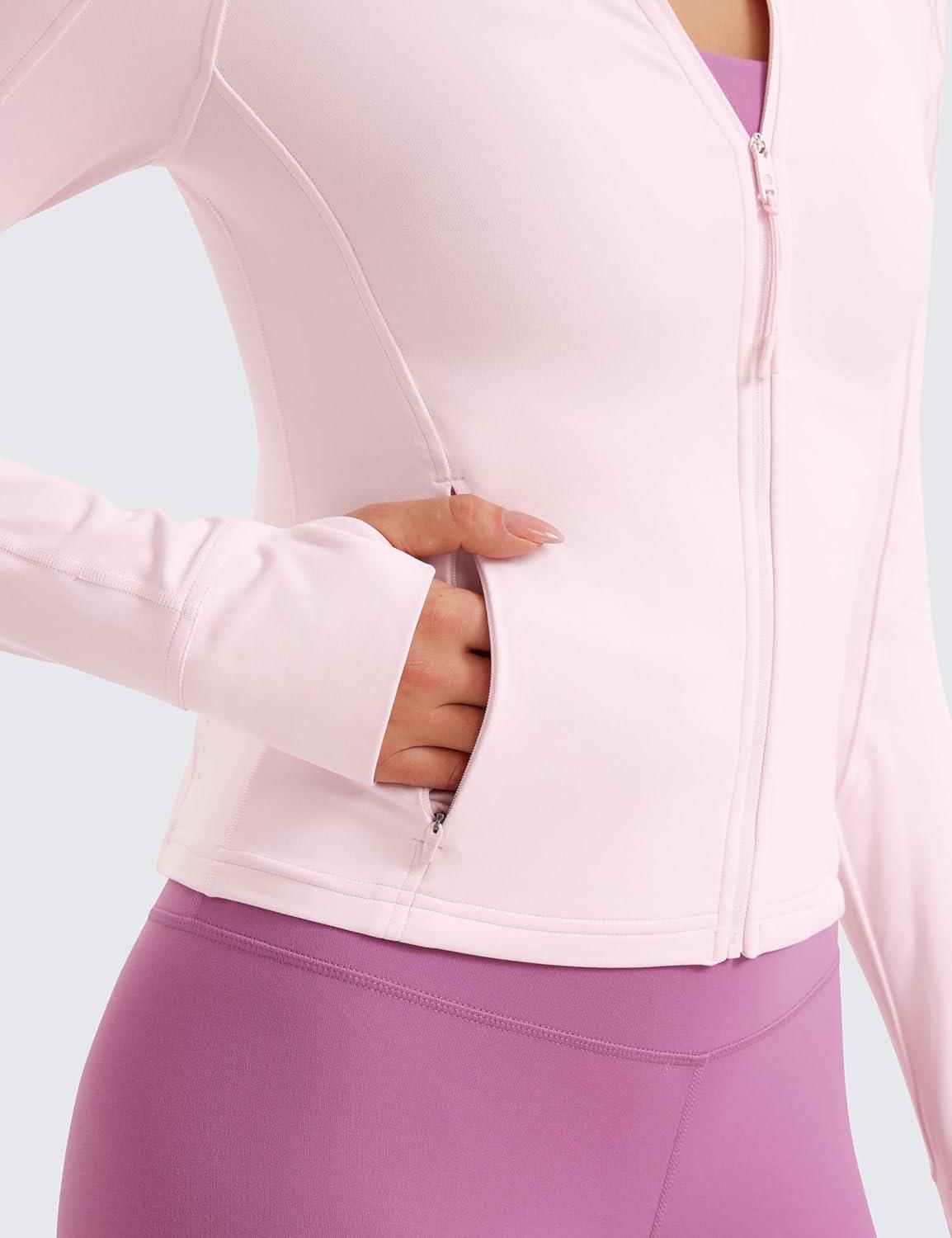 imageCRZ YOGA Butterluxe Waist Length Jackets for Women Full Zip Athletic Track Tops with Thumb Holes PocketsStrawberry Pink