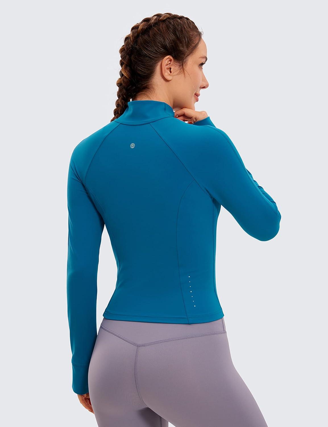 imageCRZ YOGA Butterluxe Waist Length Jackets for Women Full Zip Athletic Track Tops with Thumb Holes PocketsSupersonic Blue