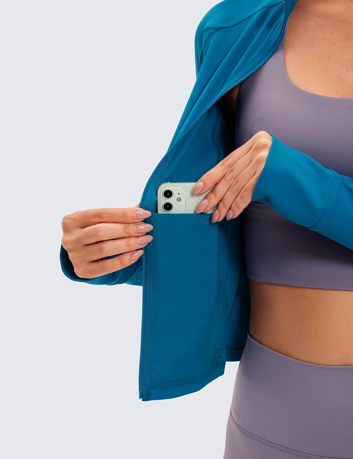 imageCRZ YOGA Butterluxe Waist Length Jackets for Women Full Zip Athletic Track Tops with Thumb Holes PocketsSupersonic Blue