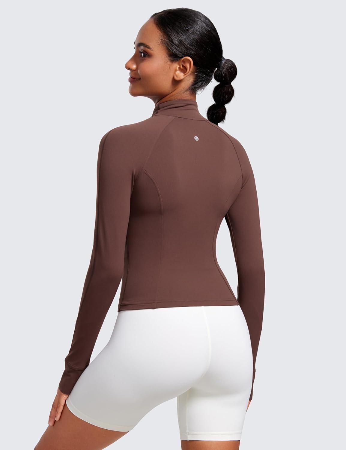 imageCRZ YOGA Butterluxe Waist Length Jackets for Women Full Zip Athletic Track Tops with Thumb Holes PocketsTaupe