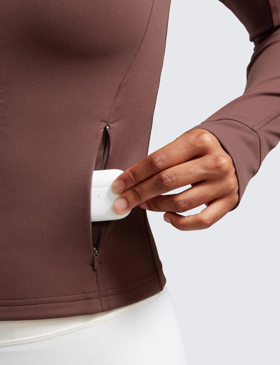imageCRZ YOGA Butterluxe Waist Length Jackets for Women Full Zip Athletic Track Tops with Thumb Holes PocketsTaupe