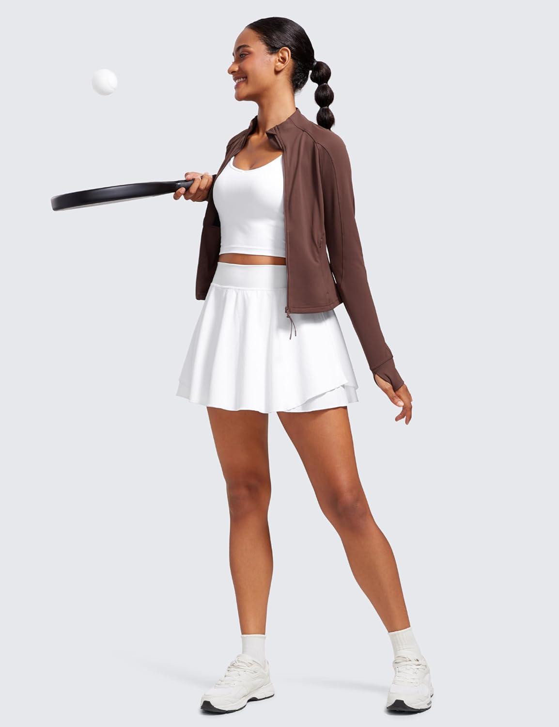 imageCRZ YOGA Butterluxe Waist Length Jackets for Women Full Zip Athletic Track Tops with Thumb Holes PocketsTaupe