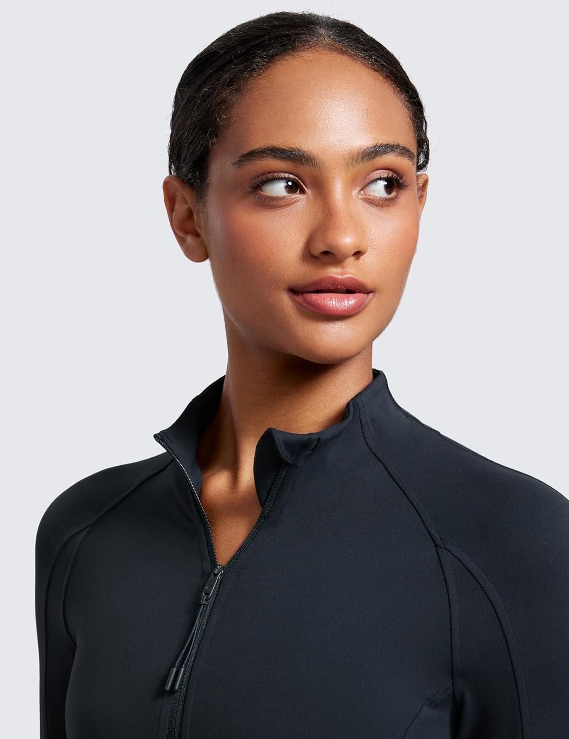 imageCRZ YOGA Butterluxe Waist Length Jackets for Women Full Zip Athletic Track Tops with Thumb Holes PocketsTrue Navy