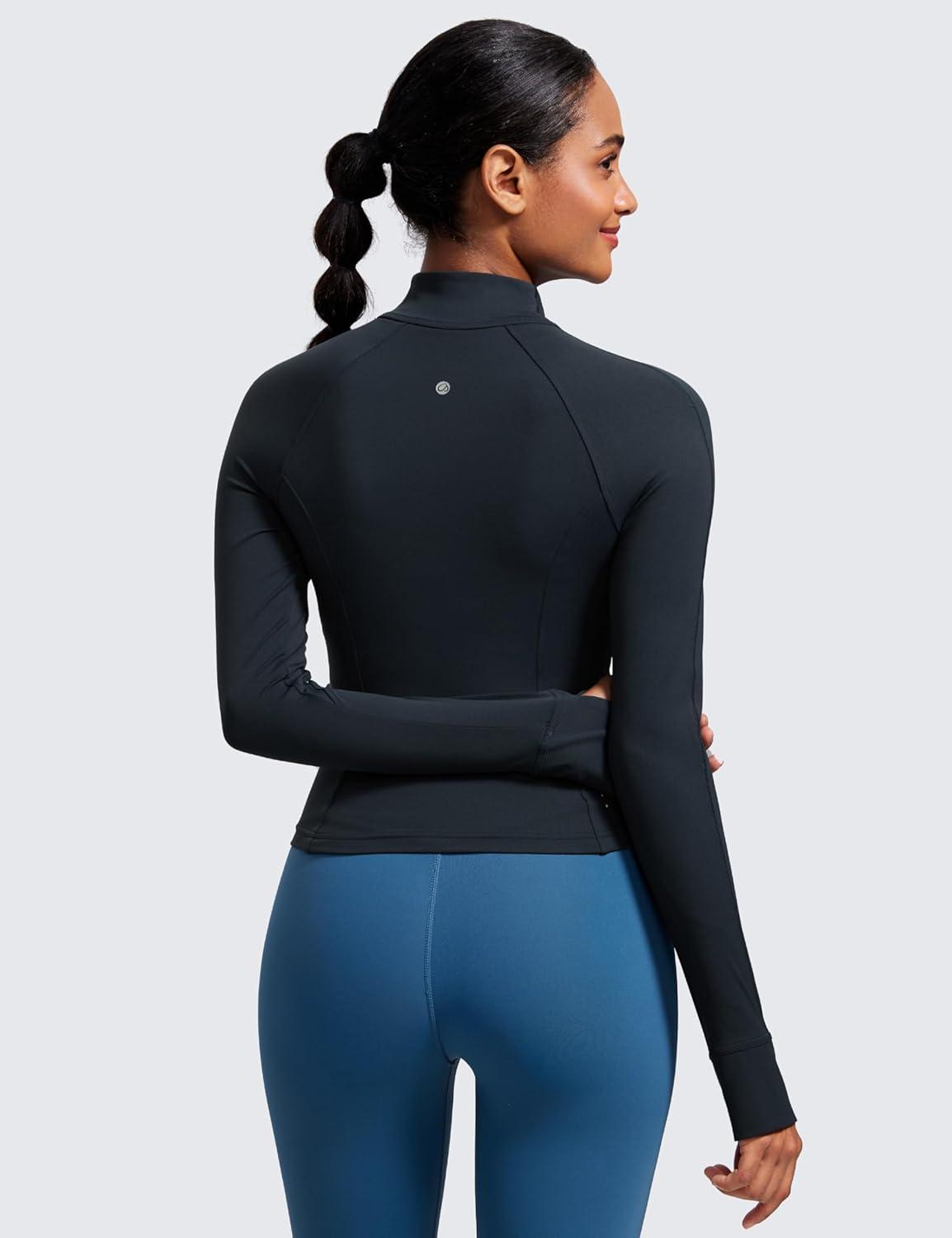 imageCRZ YOGA Butterluxe Waist Length Jackets for Women Full Zip Athletic Track Tops with Thumb Holes PocketsTrue Navy