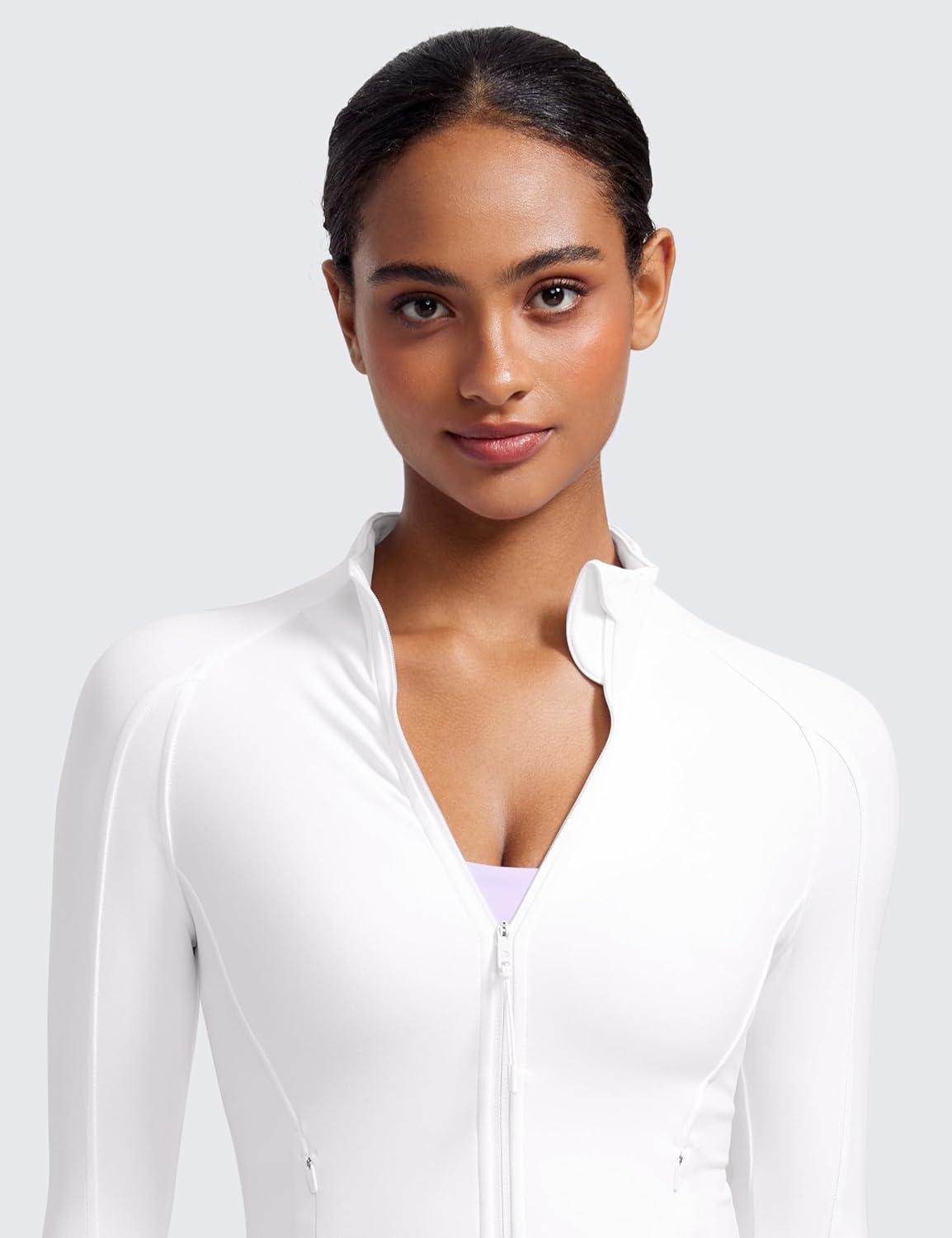 imageCRZ YOGA Butterluxe Waist Length Jackets for Women Full Zip Athletic Track Tops with Thumb Holes PocketsWhite