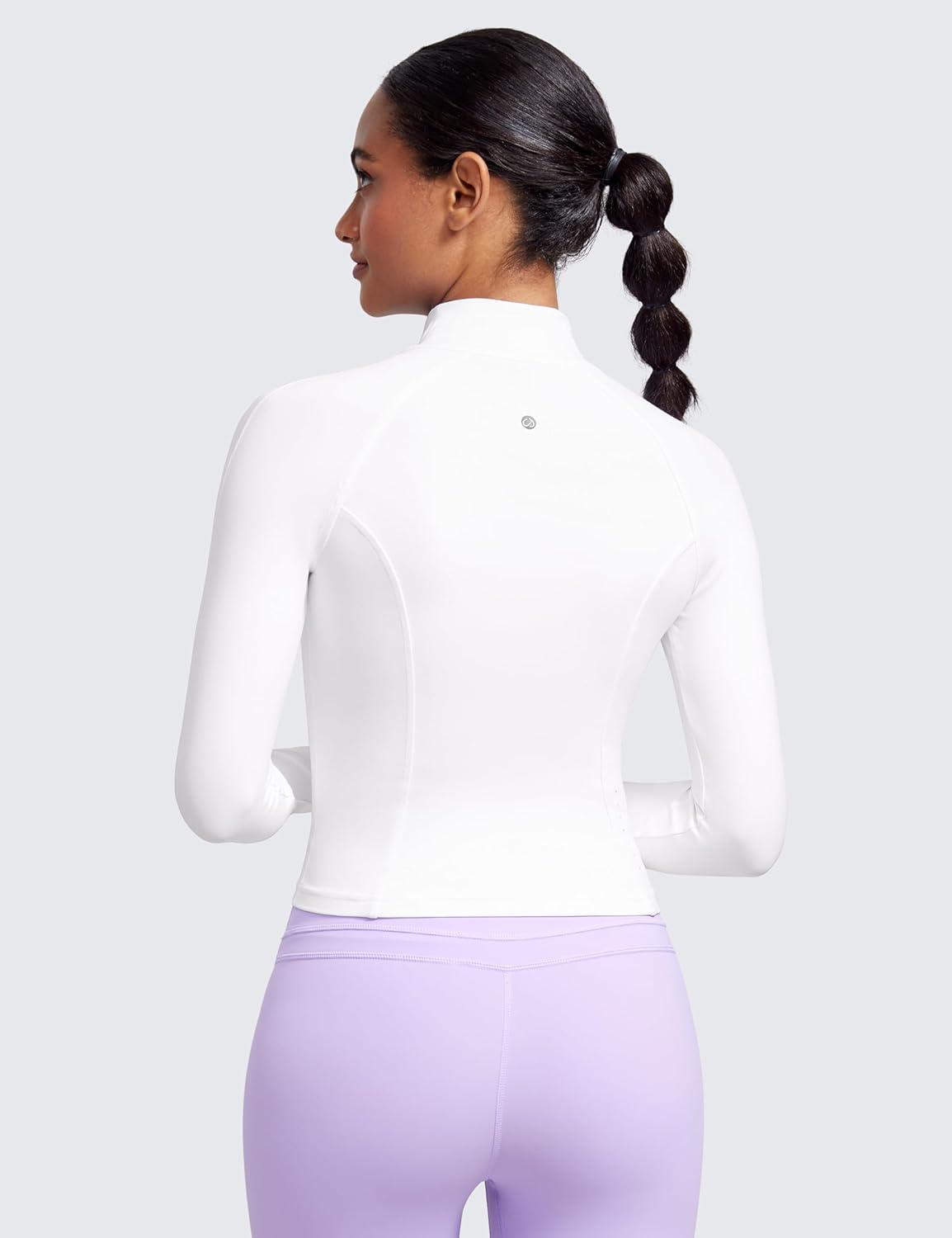 imageCRZ YOGA Butterluxe Waist Length Jackets for Women Full Zip Athletic Track Tops with Thumb Holes PocketsWhite