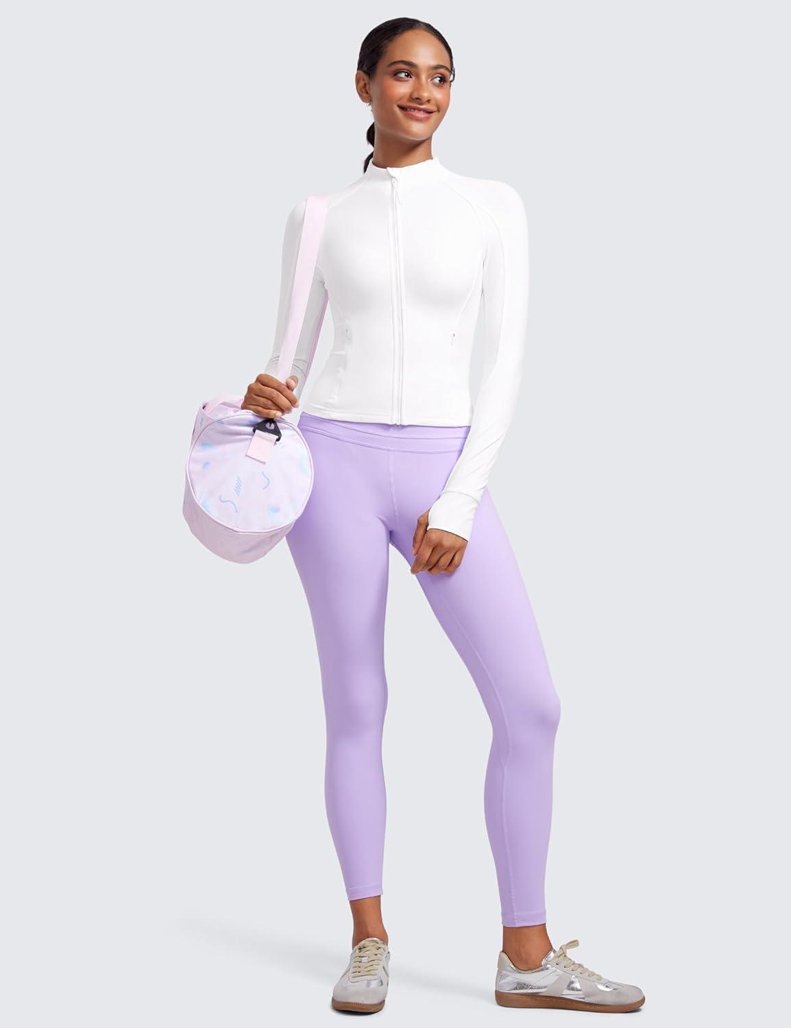 imageCRZ YOGA Butterluxe Waist Length Jackets for Women Full Zip Athletic Track Tops with Thumb Holes PocketsWhite