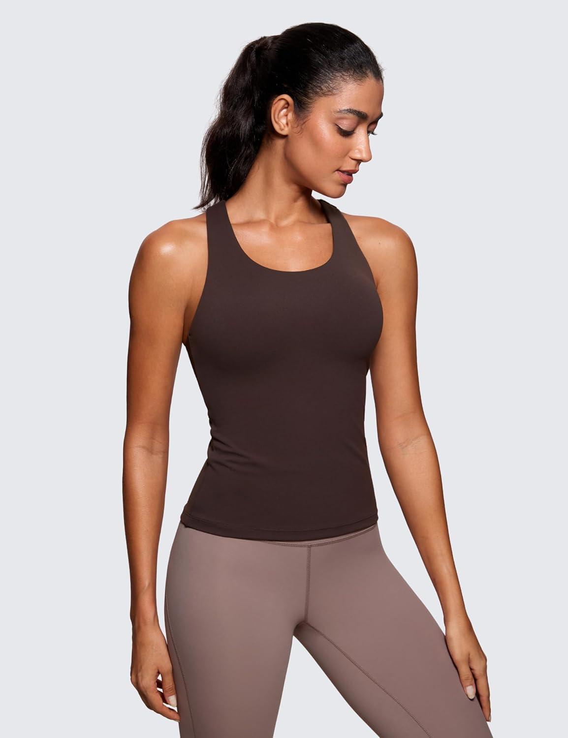 imageCRZ YOGA Butterluxe Workout Racerback Tank Tops for Women Padded Athletic Spandex Yoga Shirts with Built in BraHot Fudge Brown