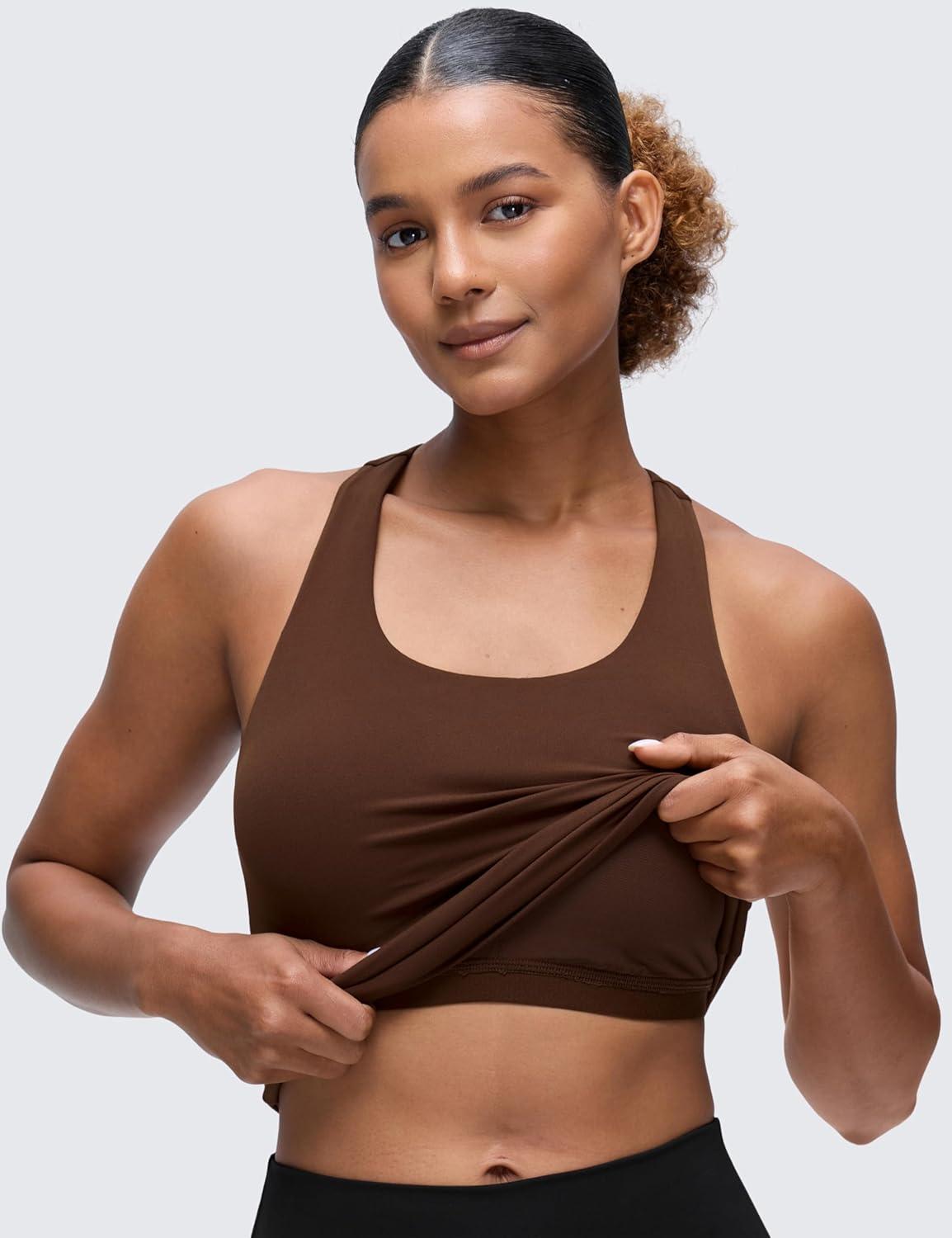 imageCRZ YOGA Butterluxe Workout Racerback Tank Tops for Women Padded Athletic Spandex Yoga Shirts with Built in BraLava Brown