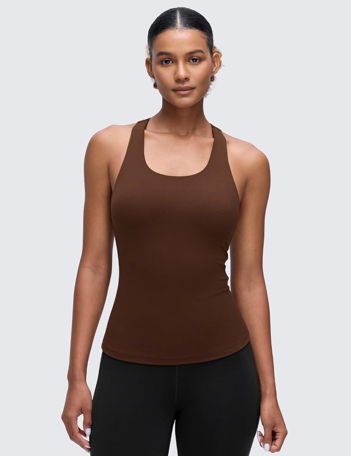 imageCRZ YOGA Butterluxe Workout Racerback Tank Tops for Women Padded Athletic Spandex Yoga Shirts with Built in BraLava Brown