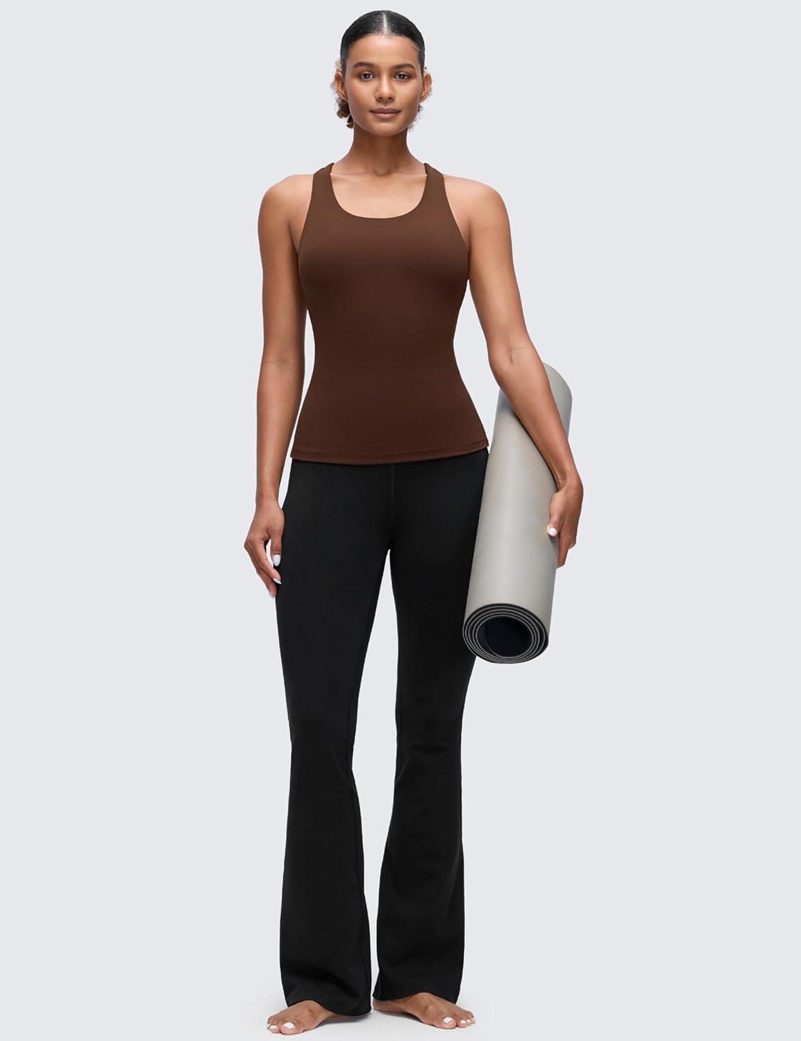 imageCRZ YOGA Butterluxe Workout Racerback Tank Tops for Women Padded Athletic Spandex Yoga Shirts with Built in BraLava Brown