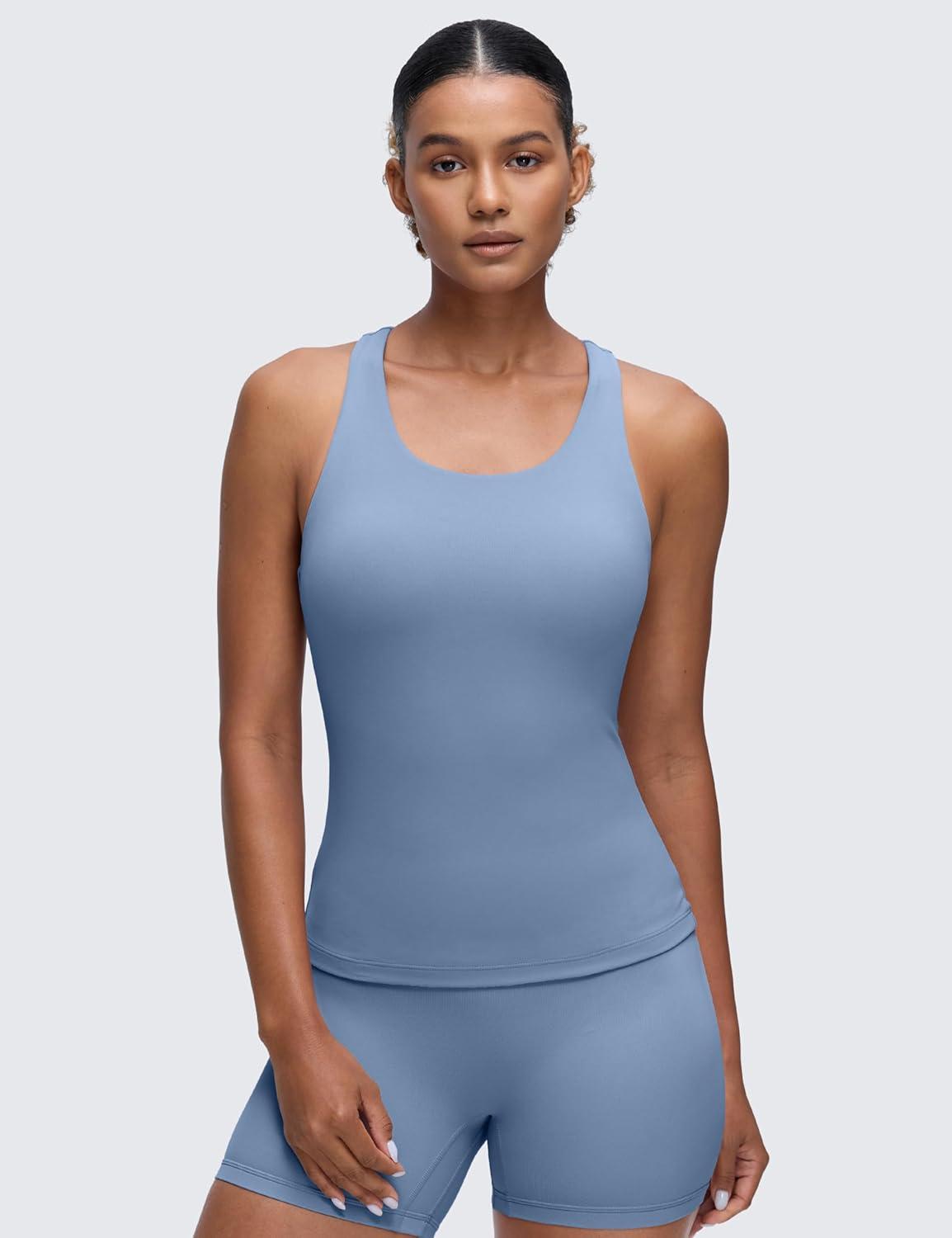 imageCRZ YOGA Butterluxe Workout Racerback Tank Tops for Women Padded Athletic Spandex Yoga Shirts with Built in BraWashed Denim