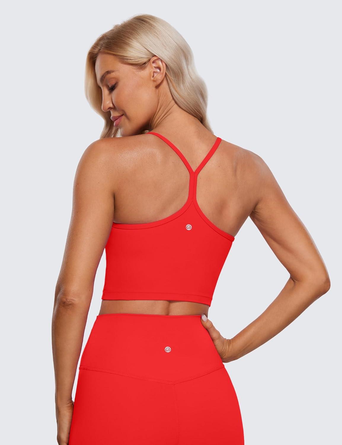 imageCRZ YOGA Butterluxe Y Back Crop Tank Tops for Women Spaghetti Straps Racerback Padded Yoga Workout Longline Sports BrasDeep Red