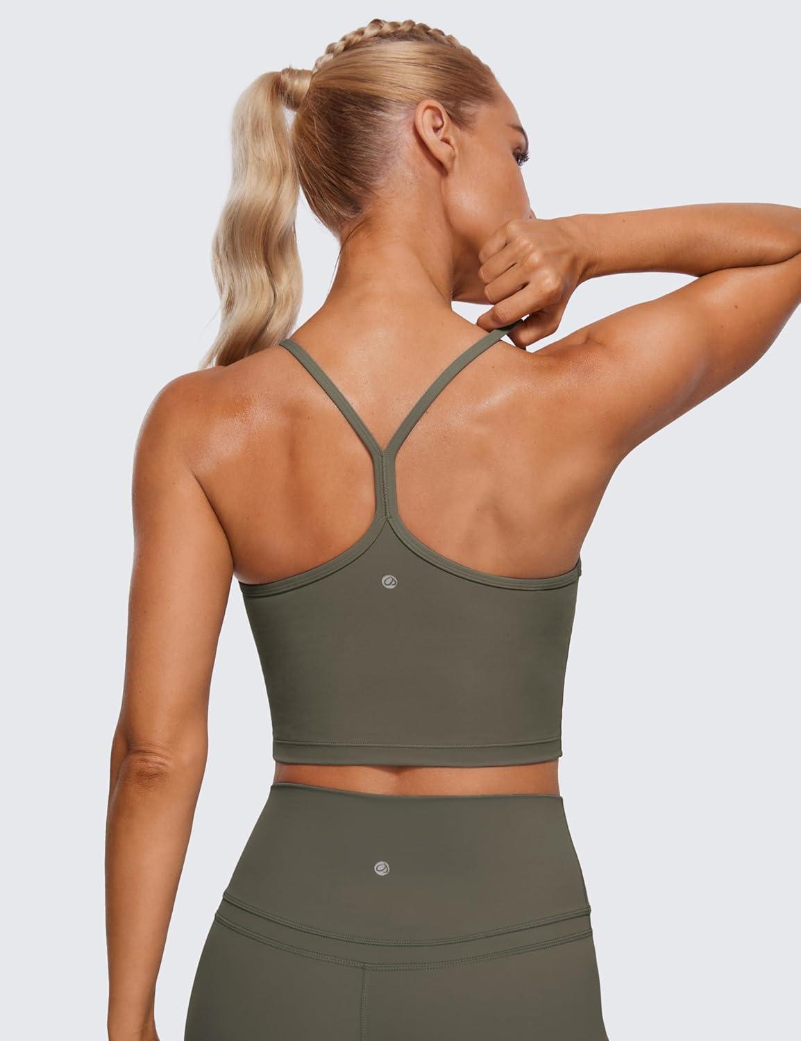 imageCRZ YOGA Butterluxe Y Back Crop Tank Tops for Women Spaghetti Straps Racerback Padded Yoga Workout Longline Sports BrasLight Army Green