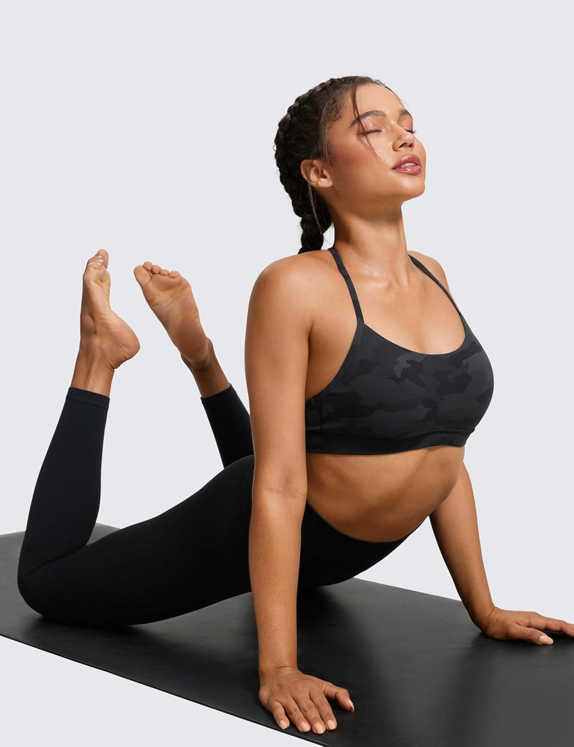 imageCRZ YOGA Butterluxe Y Back Sports Bras for Women Padded Racerback Low Impact Spaghetti Thin Strap Workout Yoga TopDark Grey Camouflage 2