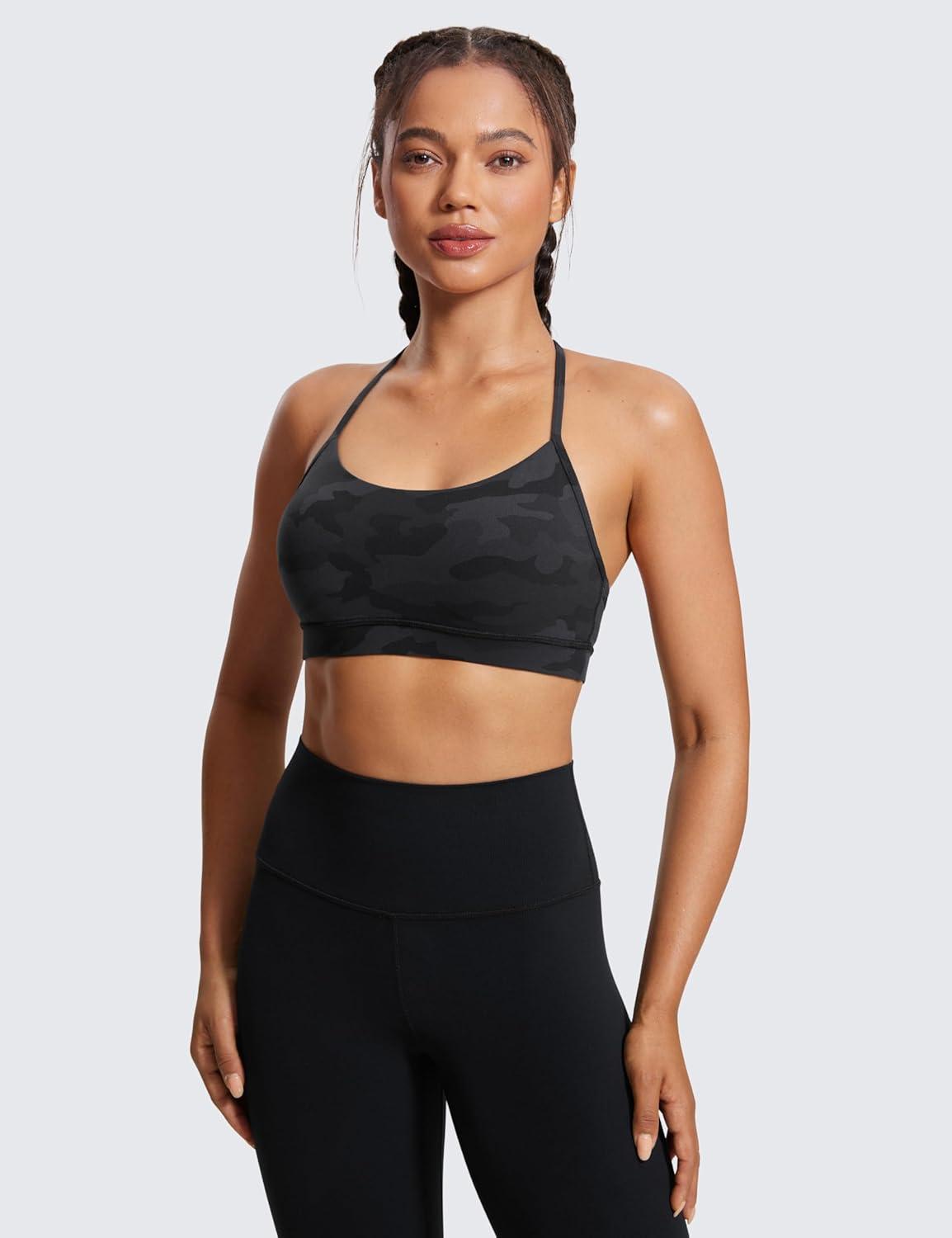 imageCRZ YOGA Butterluxe Y Back Sports Bras for Women Padded Racerback Low Impact Spaghetti Thin Strap Workout Yoga TopDark Grey Camouflage 2