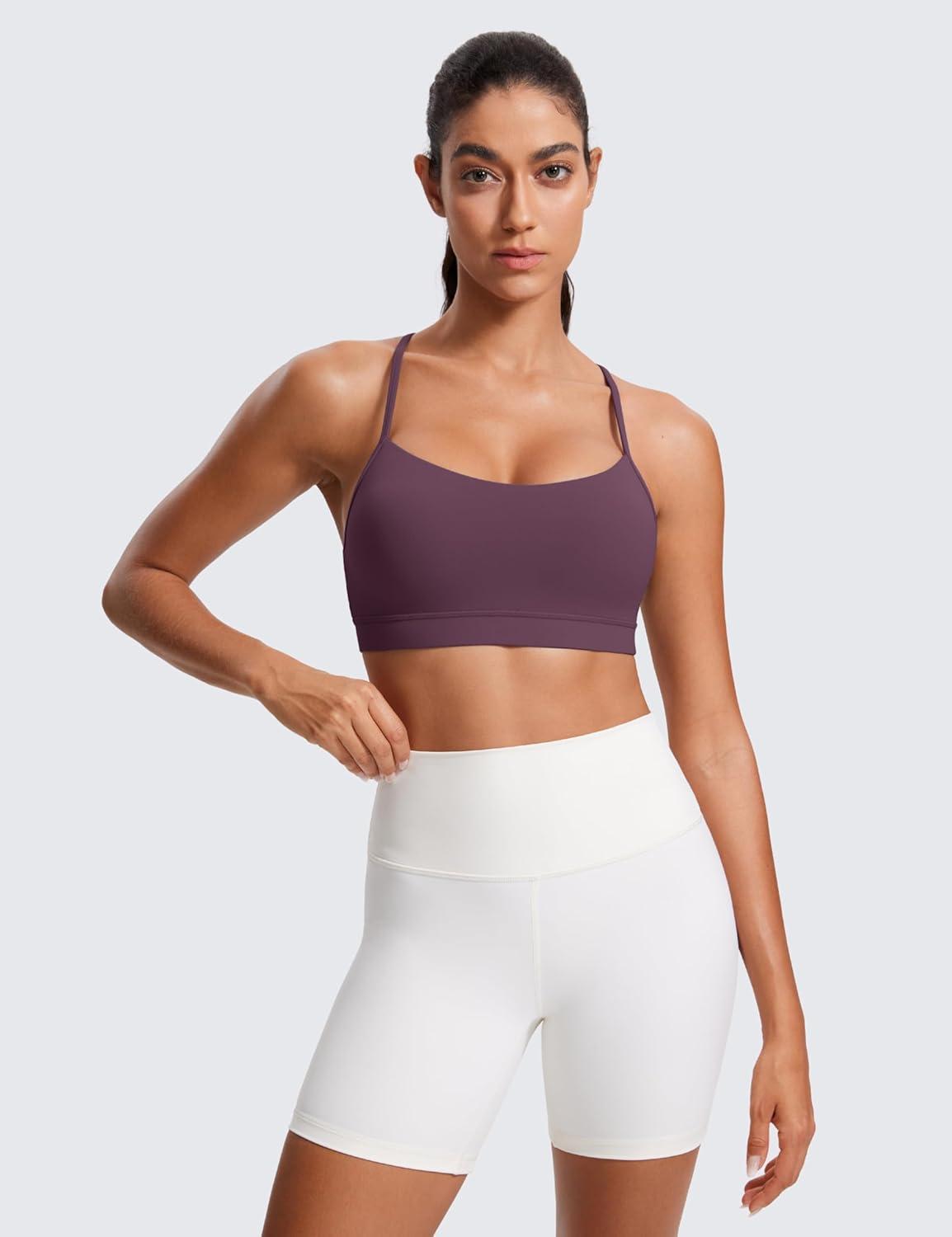 imageCRZ YOGA Butterluxe Y Back Sports Bras for Women Padded Racerback Low Impact Spaghetti Thin Strap Workout Yoga TopGrape Thistle Purple