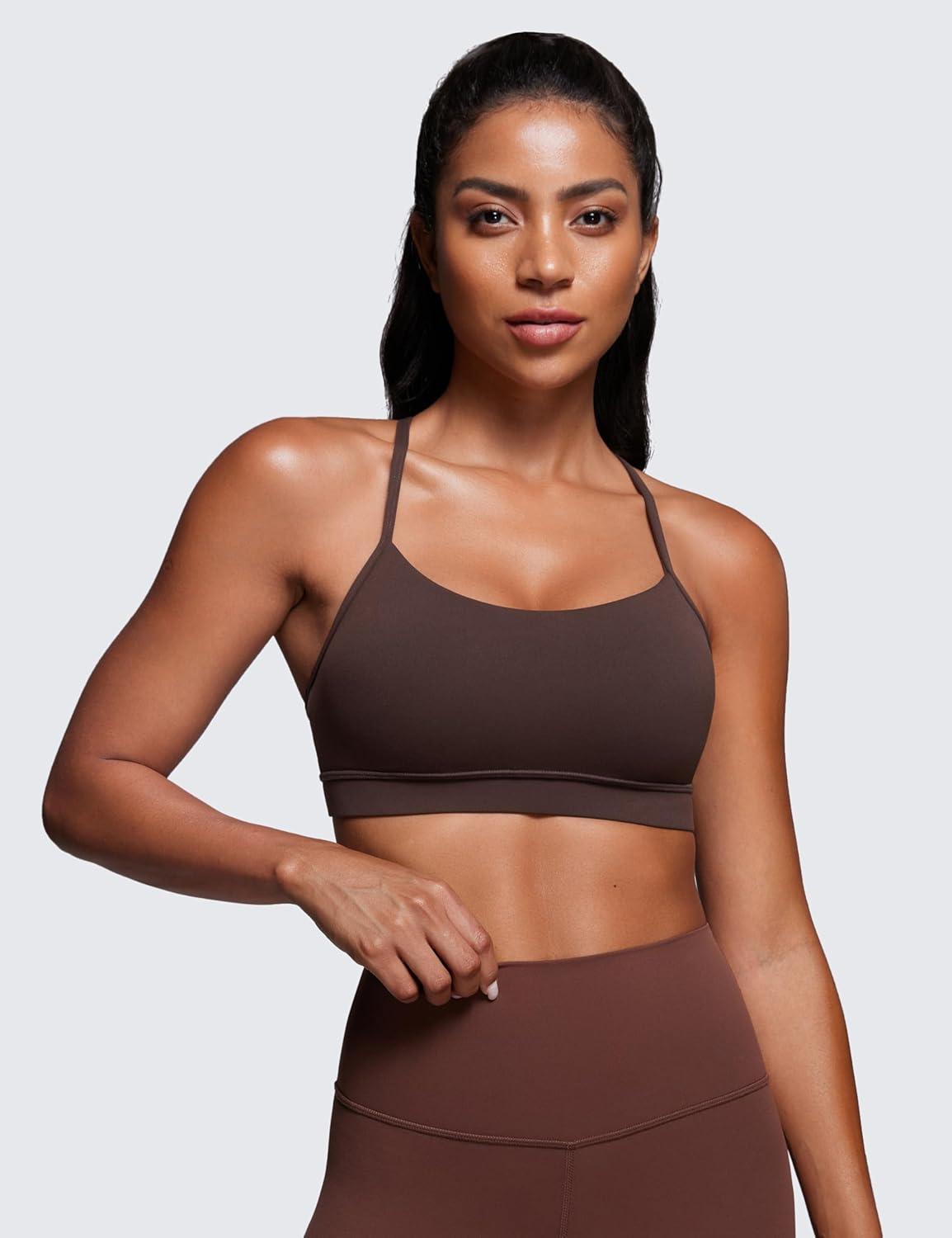 imageCRZ YOGA Butterluxe Y Back Sports Bras for Women Padded Racerback Low Impact Spaghetti Thin Strap Workout Yoga TopHot Fudge Brown