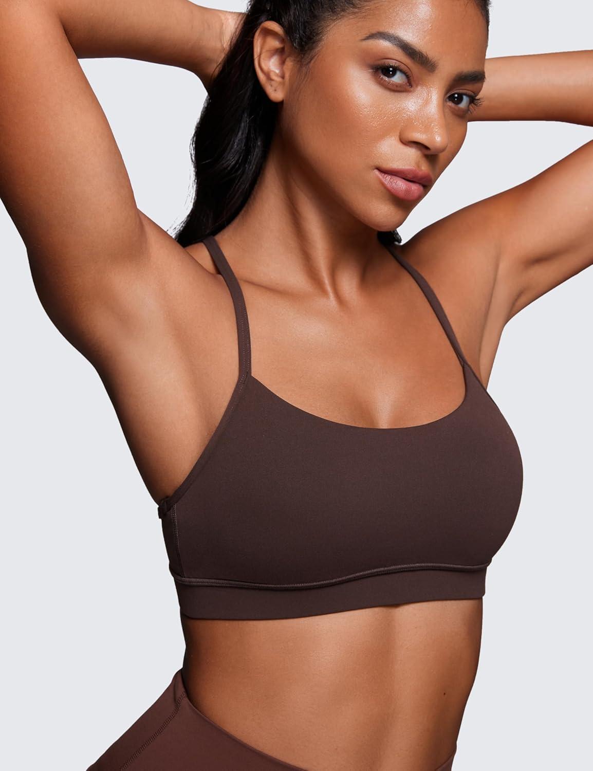 imageCRZ YOGA Butterluxe Y Back Sports Bras for Women Padded Racerback Low Impact Spaghetti Thin Strap Workout Yoga TopHot Fudge Brown