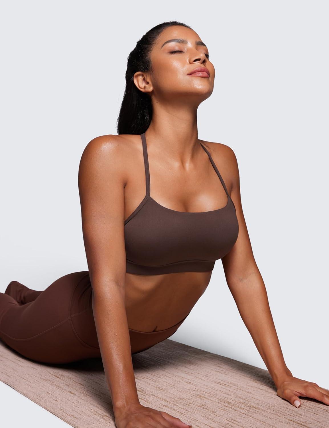 imageCRZ YOGA Butterluxe Y Back Sports Bras for Women Padded Racerback Low Impact Spaghetti Thin Strap Workout Yoga TopHot Fudge Brown