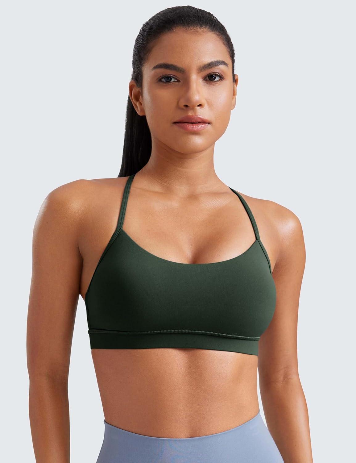 imageCRZ YOGA Butterluxe Y Back Sports Bras for Women Padded Racerback Low Impact Spaghetti Thin Strap Workout Yoga TopLegend Green