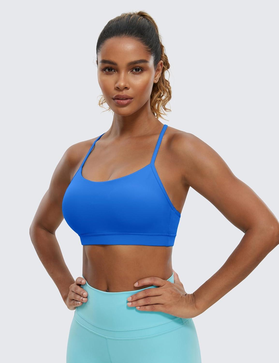 imageCRZ YOGA Butterluxe Y Back Sports Bras for Women Padded Racerback Low Impact Spaghetti Thin Strap Workout Yoga TopSparkle Blue
