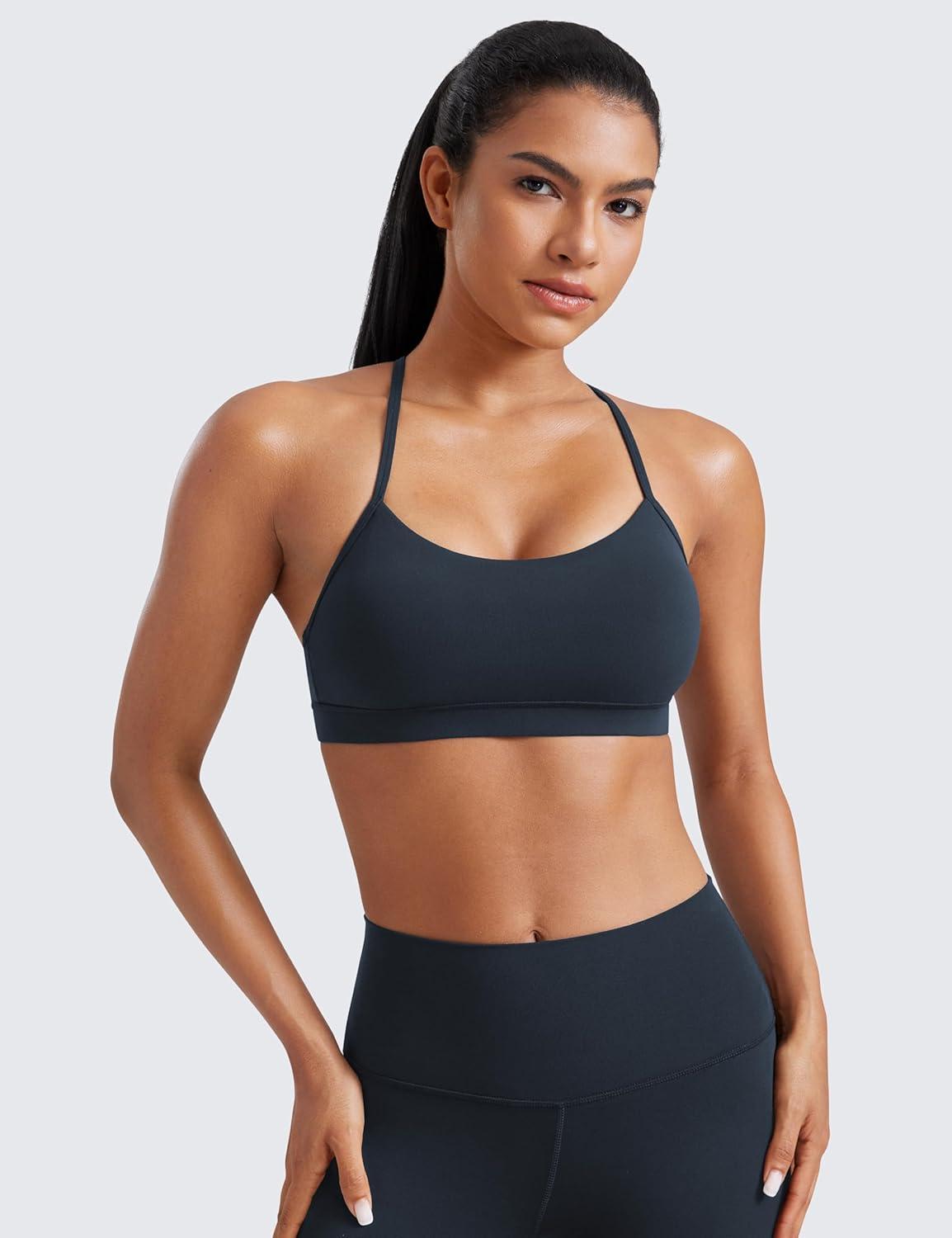 imageCRZ YOGA Butterluxe Y Back Sports Bras for Women Padded Racerback Low Impact Spaghetti Thin Strap Workout Yoga TopTrue Navy
