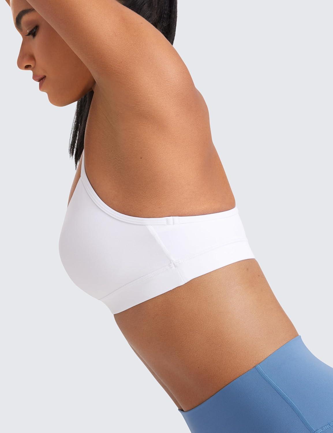 imageCRZ YOGA Butterluxe Y Back Sports Bras for Women Padded Racerback Low Impact Spaghetti Thin Strap Workout Yoga TopWhite