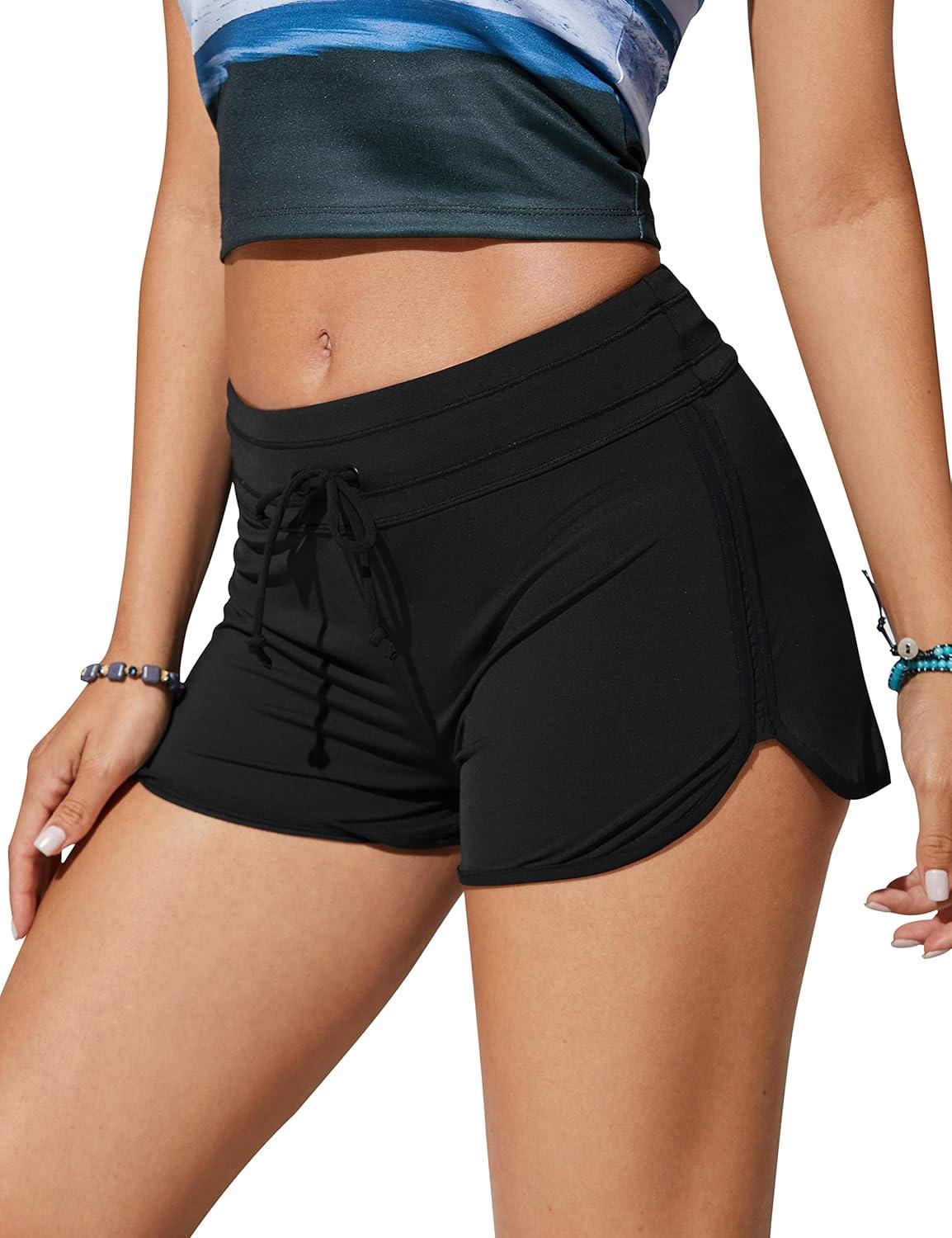 imageCRZ YOGA Classic Fit Dolphin Board Shorts for Women 3 High Waisted Beach Swimwear Bottoms Bathing Trunks with LinerBlack