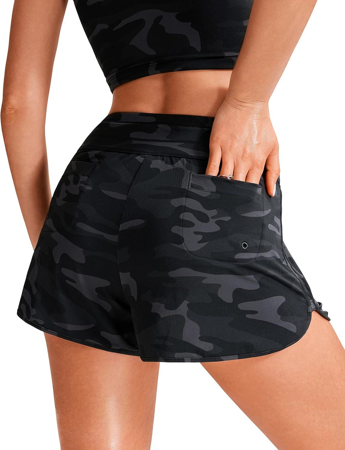 imageCRZ YOGA Classic Fit Dolphin Board Shorts for Women 3 High Waisted Beach Swimwear Bottoms Bathing Trunks with LinerJungle Camouflage Gray